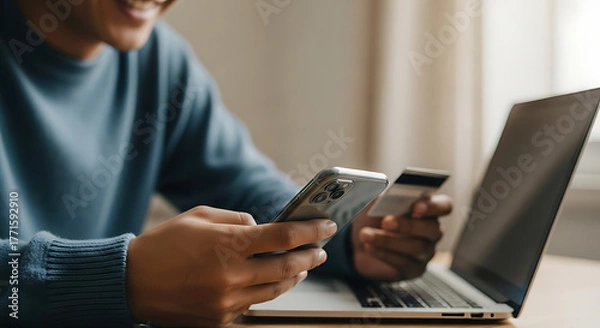 Fototapeta Man using phone and credit card for online shopping and payment on laptop