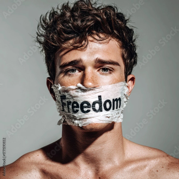 Fototapeta Man With Taped Mouth and “Freedom” Text – Visual Symbol of Silenced Voice and Civil Suppression