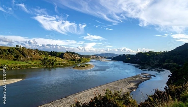 Fototapeta Expansive scenic view of a wide river with a sandy bank, surrounded by rolling green hills under a partly cloudy sky