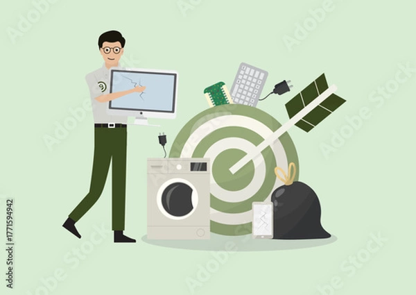 Fototapeta E-Waste Targeted Recycling Concept. Professional with broken electronics, washing machine, trash bag, and target, ideal for e-waste management and recycling campaigns. Flat style. Vector illustration