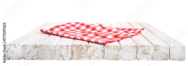 Obraz Red abric cloth or placemat on white rustic wood table top background.For montage product display or design key visual layout