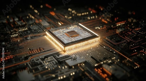 Obraz Glowing Circuits: Modern Microchip and Its Intricate Design