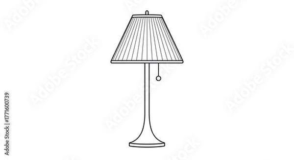 Fototapeta A minimalistic black and white line art drawing of a classic lamp featuring a pleated shade and pull chain, representing household lighting.