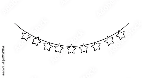 Obraz Minimalist black and white line art illustration of a festive garland made of outline stars, curving gently on a clean white background.