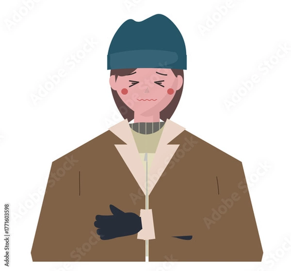 Obraz 寒がる女性。冬の寒さに凍える人物。寒くて震える。コート、手袋、ニット帽。ベクターイラスト

