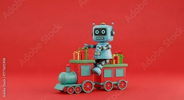 Obraz Joyful robot delivers holiday gifts on festive red train, spreading cheer and excitement