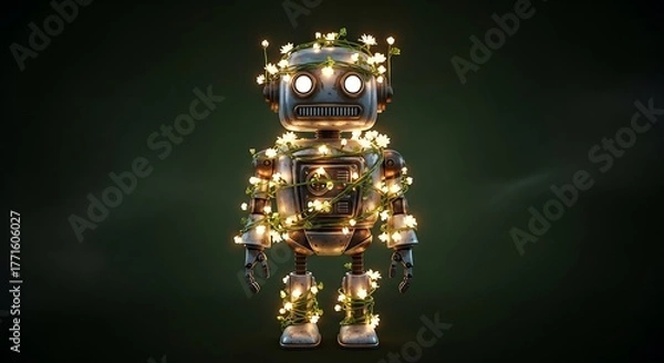 Obraz Whimsical robot adorned with glowing fairy lights and delicate flowers, perfect for fantasy and tech themes.
