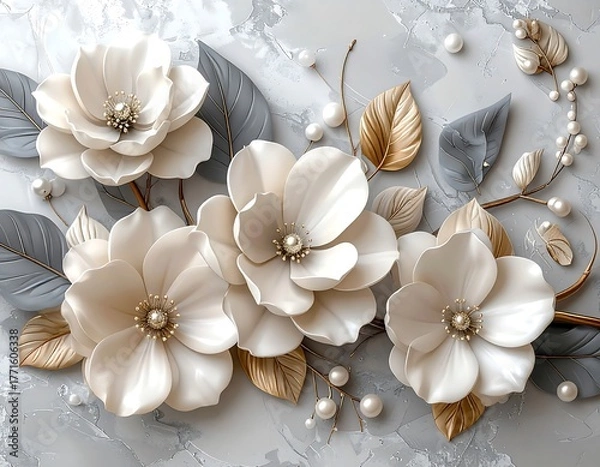 Fototapeta Exquisite artwork showcasing intricately crafted ivory flowers, gold-edged leaves, and elegant pearl accents. Set against a textured gray backdrop