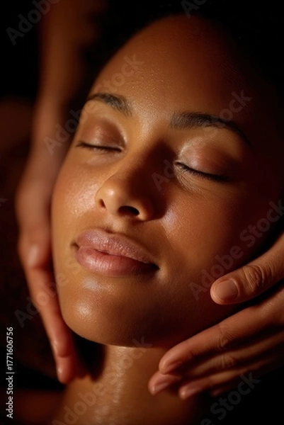 Fototapeta A serene African American woman relaxes with a facial massage in a spa setting with warm light