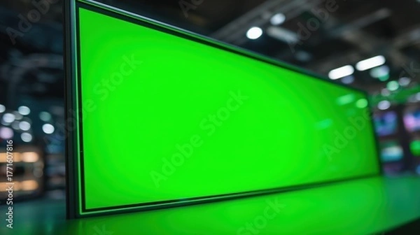 Fototapeta イベント会場の暗い空間に設置された、コンテンツ合成用のグリーンバックが表示された大型デジタルディスプレイ | Large digital display showing a green screen for content overlay, set in a dark space at an exhibition or event venue.