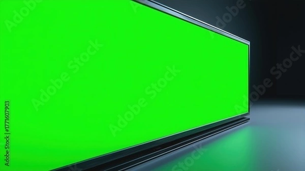 Fototapeta 暗い背景の部屋の床に置かれた薄型大型ディスプレイのグリーンスクリーン | Large thin display with a green screen on the floor in a dark background room