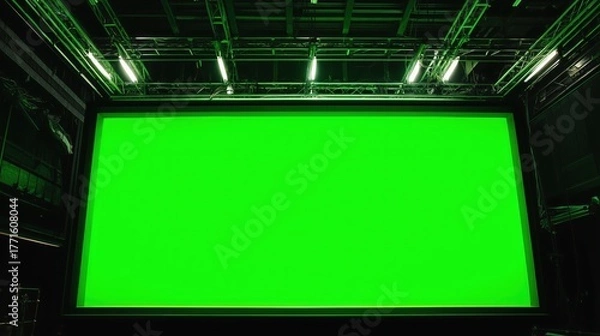Fototapeta 撮影スタジオの暗いセットに設置された、映像合成用の巨大なグリーンスクリーンと照明設備 | Large green screen and professional lighting equipment installed in a dark film production studio set