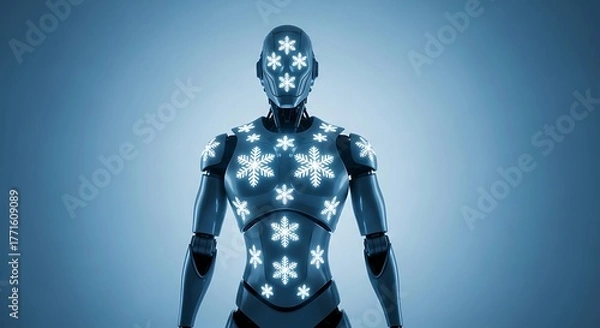 Obraz Futuristic robot adorned with glowing snowflakes, representing AI winter or cool technology concepts.