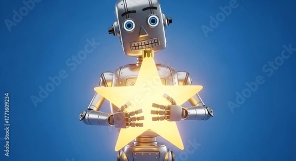 Obraz Friendly robot gleefully holds glowing star ornament, symbolizing achievement and bright future