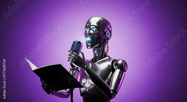Obraz Futuristic robot reading script into vintage microphone, a modern voice assistant concept