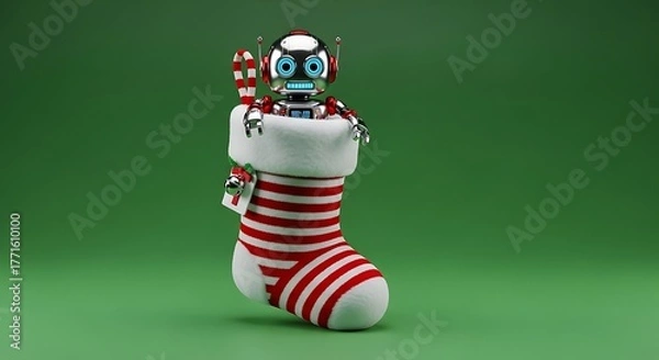 Obraz Whimsical robot peeks from festive Christmas stocking, bringing holiday cheer and tech joy