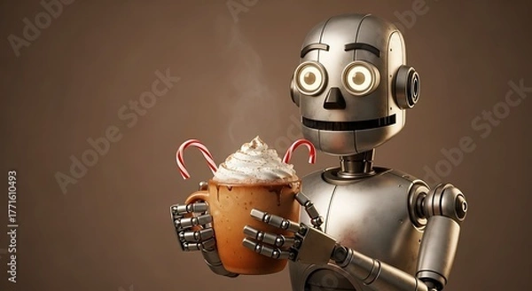Obraz Friendly robot enjoys festive hot chocolate with whipped cream and candy canes