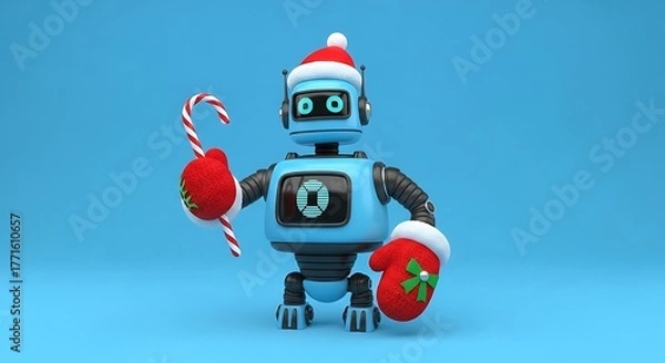 Obraz Cute robot wearing Santa hat and mittens holds candy cane, celebrating festive holiday cheer