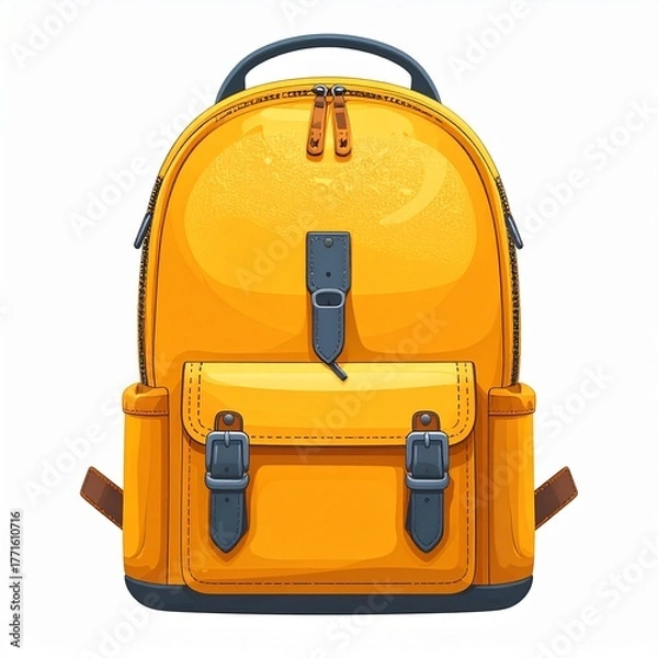 Fototapeta Vibrant yellow backpack illustration, designed for practicality with classic buckles and a functional front pocket, ideal for school, travel, or daily adventures