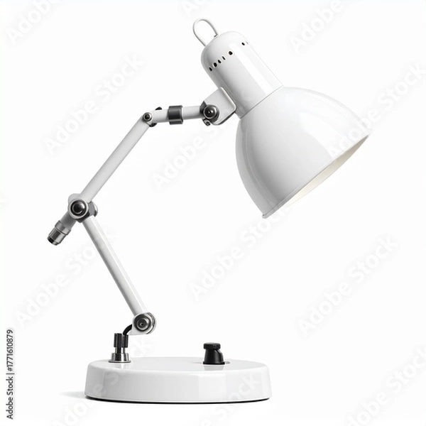 Fototapeta Stylish white adjustable desk lamp with a classic articulated arm and pivoting shade on a white background