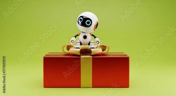 Obraz Cute robot surprise gift delivery, technology future concept, futuristic innovation.