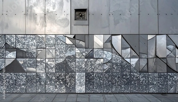 Fototapeta Exterior shot of a building's facade with a contrasting design. The upper half is smooth metal, the lower, broken mirrored pieces