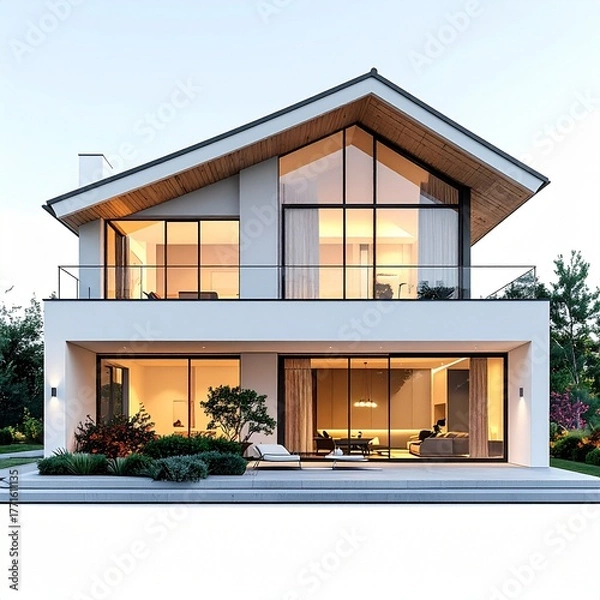 Fototapeta Modern Home with Balcony and Large Windows at Sunset