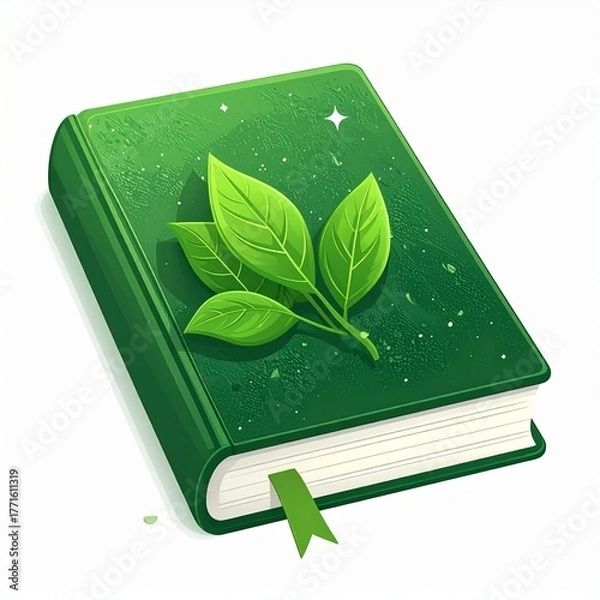 Fototapeta Captivating Emerald Book Adorned with Vibrant Green Leaves, Representing Sustainable Learning and Organic Wisdom in a Stylized Illustration