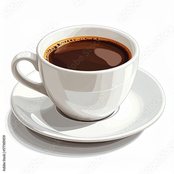 Fototapeta A steaming cup of fresh, dark coffee sits on a white saucer, perfect for a morning pick-me-up or an afternoon break