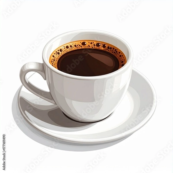 Fototapeta A Warm Cup of Coffee on a White Saucer with a Subtle Shadow