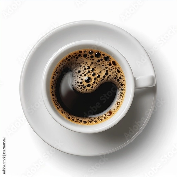 Fototapeta Freshly brewed black americano coffee in a classic white ceramic cup and saucer, isolated on a white background from a top-down view