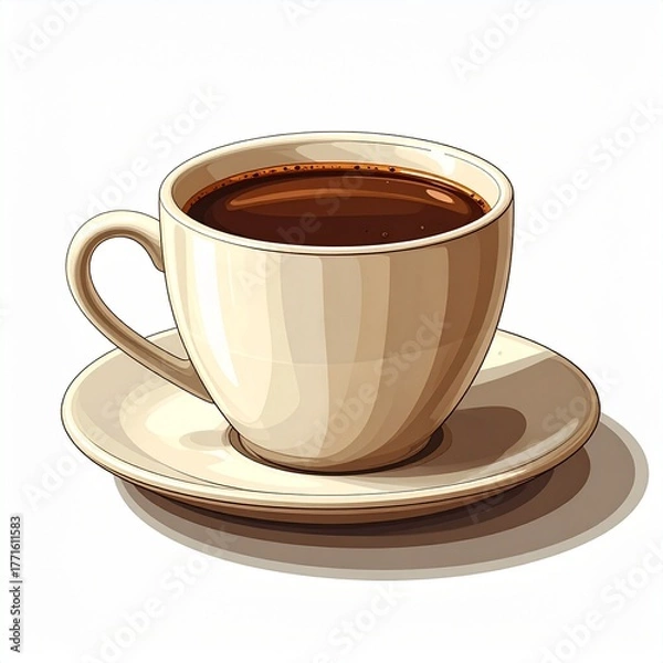 Fototapeta A warm, inviting cup of dark, rich coffee elegantly served on a matching saucer, perfect for a refreshing break or a quiet moment of contemplation