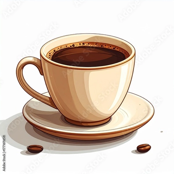 Fototapeta Cup of Coffee on Saucer with Coffee Beans, Close-up Shot of Caffeine Beverage, Isolated, Illustration