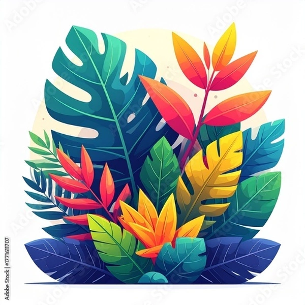 Fototapeta A delightful arrangement of stylized tropical leaves bursts with vibrant, cheerful colors, capturing the lush essence of exotic nature and the refreshing spirit of summer