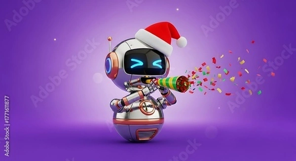 Obraz Joyful robot celebrates holiday fun with confetti popper and Santa hat, spreading festive cheer!