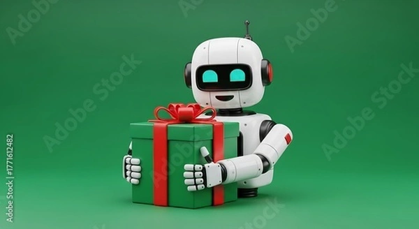 Obraz Friendly robot joyfully presents a vibrant green gift box with a festive red ribbon