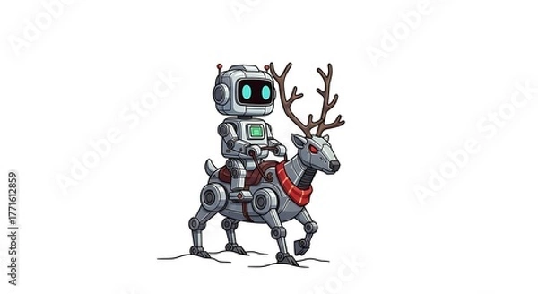 Obraz Whimsical robot riding a mechanical reindeer, perfect for holiday tech promotions