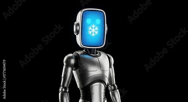 Obraz Futuristic robot with glowing screen displaying a snowflake, symbolizing AI and technology advancements.