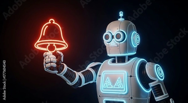 Obraz Futuristic robot rings glowing bell, signaling important notification or alert for technology concepts