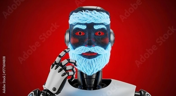 Obraz Futuristic robot with glowing blue beard and red eyes touches chin, contemplating innovation on red background