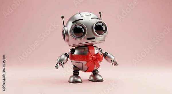 Obraz Adorable robot with festive red ribbon bow, a perfect gift concept for technology or holiday promotions