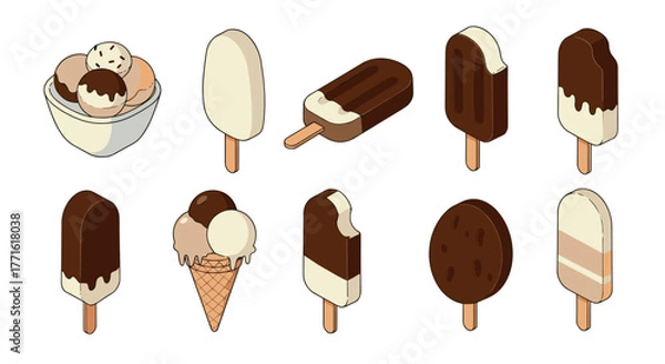 Fototapeta Assorted ice cream treats in isometric 3d design on white background