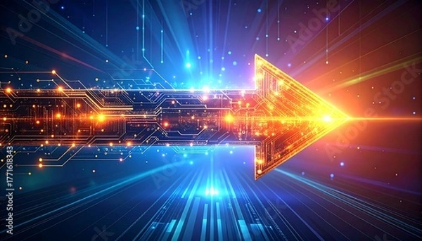 Obraz Dynamic digital arrow composed of circuit board lines, leading the viewer through a vibrant, tech-focused landscape. Illuminated with light bursts