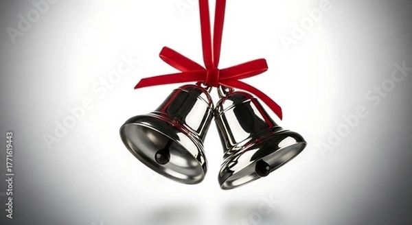Obraz Elegant silver bells with festive red ribbon bow, perfect for holiday celebrations and New Year announcements