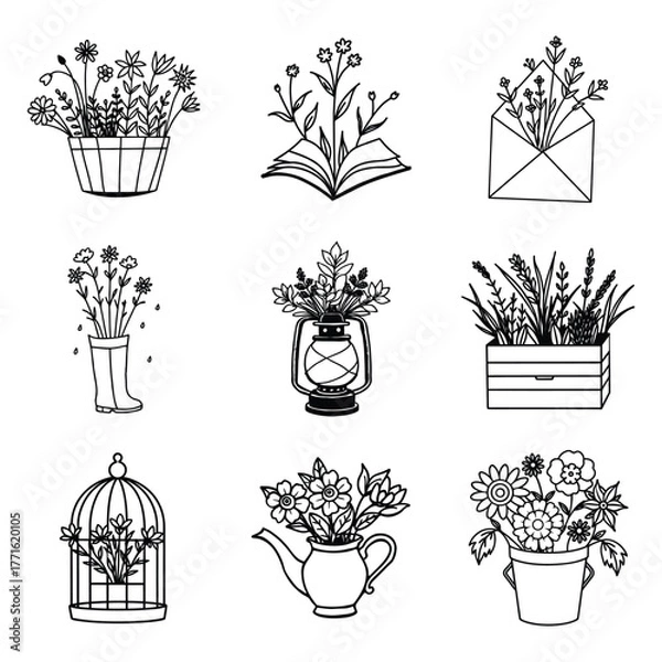 Obraz Collection of illustrated flowers presented in diverse decorative planters and pots with vibrant color options