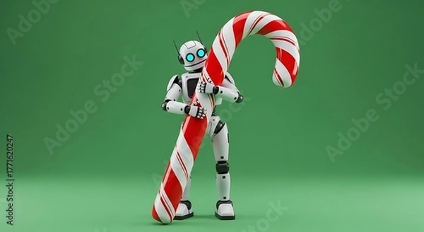 Obraz Futuristic robot charmingly carries giant candy cane, bringing holiday cheer and innovation to celebrations