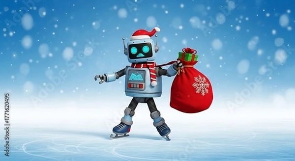 Obraz Joyful robot ice skating with Santa hat and gift sack brings holiday cheer