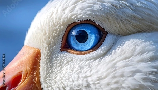Fototapeta Extreme close-up of an avian eye, bright blue iris reflecting the sky. White feathers surround a vibrant orange beak. The focused detail highlights nature's beauty