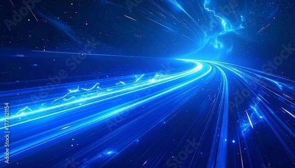 Fototapeta Dynamic, stylized representation of a cosmic highway. Bright blue streaks of light carve through a dark, starry void. Perspective is bold