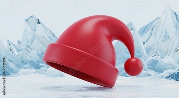 Obraz Vibrant red Santa hat rests on snowy ground with icy mountain backdrop